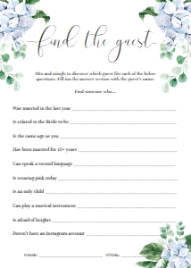 FER-BLU-10-B2469 - FERRAS BLOSSOM - BLUE - FIND THE GUEST GAME - 5" x 7": FER-BLU-10-B2472 - FERRAS BLOSSOM - BLUE - BRIDAL SHOWER GAMES BUNDLE