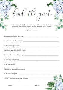 FER-BLU-10-B2469 - FERRAS BLOSSOM - BLUE - FIND THE GUEST GAME - A5: FER-BLU-10-B2472 - FERRAS BLOSSOM - BLUE - BRIDAL SHOWER GAMES BUNDLE