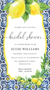 POS-BLY-16-B2492 - POSITANO BLUE TILE - LEMONS - SMARTPHONE BRIDAL SHOWER INVITATION - 1080px x 1920px: POS-BLY-16-B2492 - POSITANO BLUE TILE - LEMONS - SMARTPHONE BRIDAL SHOWER INVITATION