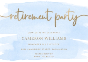 WAT-BLU-1-B2539 - WATERCOLOUR BLUE - GOLD - RETIREMENT PARTY INVITATION - 5" x 7": WAT-BLU-1-B2539 - WATERCOLOUR BLUE - GOLD - RETIREMENT PARTY INVITATION