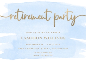 WAT-BLU-1-B2539 - WATERCOLOUR BLUE - GOLD - RETIREMENT PARTY INVITATION - A6: WAT-BLU-1-B2539 - WATERCOLOUR BLUE - GOLD - RETIREMENT PARTY INVITATION