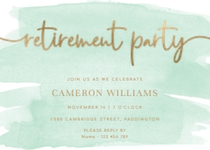 WAT-GRE-1-B2539 - WATERCOLOUR GREEN - GOLD - RETIREMENT PARTY INVITATION - 5" x 7": WAT-GRE-1-B2539 - WATERCOLOUR GREEN - GOLD - RETIREMENT PARTY INVITATION