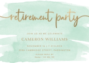 WAT-GRE-1-B2539 - WATERCOLOUR GREEN - GOLD - RETIREMENT PARTY INVITATION - A6: WAT-GRE-1-B2539 - WATERCOLOUR GREEN - GOLD - RETIREMENT PARTY INVITATION
