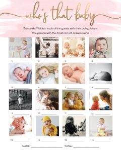WAT-PNK-10-B1462 - WATERCOLOUR PINK - GOLD - WHO'S THAT BABY PHOTO GAME - 16 PHOTOS - 8" x 10": WAT-PNK-10-B1462 - WATERCOLOUR PINK - GOLD - WHO'S THAT BABY GAME