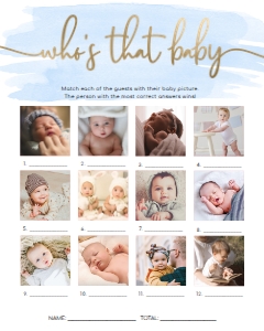 WAT-BLU-10-B1462 - WATERCOLOUR BLUE - GOLD - WHO'S THAT BABY PHOTO GAME - 28 PHOTOS - 8" x 10": WAT-BLU-10-B1462 - WATERCOLOUR BLUE - GOLD - WHO'S THAT BABY GAME