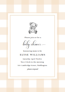 GIN-TAN-1-B2008 - GINGHAM - TAN - TEDDY BEAR BABY SHOWER INVITATION - A6: GIN-TAN-1-B2008 - GINGHAM - TAN - TEDDY BEAR BABY SHOWER INVITATION