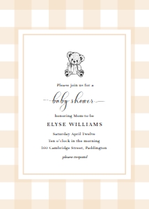 GIN-TAN-1-B2008 - GINGHAM - TAN - TEDDY BEAR BABY SHOWER INVITATION - 5" x 7": GIN-TAN-1-B2008 - GINGHAM - TAN - TEDDY BEAR BABY SHOWER INVITATION