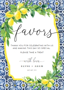 POS-BLY-7-B446 - POSITANO BLUE TILE - LEMONS - FAVOURS SIGN - PORTRAIT - 5" x 7": POS-BLY-7-B446 - POSITANO BLUE TILE - LEMONS - FAVOURS SIGN