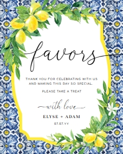 POS-BLY-7-B446 - POSITANO BLUE TILE - LEMONS - FAVOURS SIGN - PORTRAIT - 8" x 10": POS-BLY-7-B446 - POSITANO BLUE TILE - LEMONS - FAVOURS SIGN
