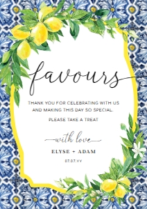 POS-BLY-7-B446 - POSITANO BLUE TILE - LEMONS - FAVOURS SIGN - PORTRAIT - A4: POS-BLY-7-B446 - POSITANO BLUE TILE - LEMONS - FAVOURS SIGN