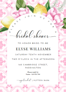 MED-PNK-1-B1750 - THE MED - PINK LEMONS - BRIDAL SHOWER INVITATION - ARCH - 5" x 7": MED-PNK-1-B1968 - THE MED - PINK LEMONS - BRIDAL SHOWER INVITATION SUITE - ARCH