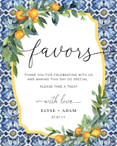 POS-BLO-7-B1312 - POSITANO BLUE TILE - ORANGE - FAVOUR SIGN - PORTRAIT - 8" x 10": POS-BLO-7-B1312 - POSITANO BLUE TILE - ORANGE - FAVOUR SIGN