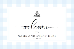 GIN-BLU-3-B2686 - GINGHAM - BLUE SAILING BOAT - WELCOME SIGN - LANDSCAPE - 24" x 36": GIN-BLU-3-B2686 - GINGHAM - BLUE SAILING BOAT - WELCOME SIGN