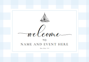GIN-BLU-3-B2686 - GINGHAM - BLUE SAILING BOAT - WELCOME SIGN - LANDSCAPE - A1: GIN-BLU-3-B2686 - GINGHAM - BLUE SAILING BOAT - WELCOME SIGN