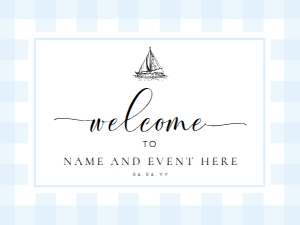 GIN-BLU-3-B2686 - GINGHAM - BLUE SAILING BOAT - WELCOME SIGN - LANDSCAPE - 18" x 24": GIN-BLU-3-B2686 - GINGHAM - BLUE SAILING BOAT - WELCOME SIGN