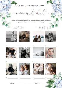 FER-BLU-10-B2694 - FERRAS BLOSSOM - BLUE - HOW OLD WERE MUM AND DAD PHOTO GAME - A5: FER-BLU-10-B2691 - FERRAS BLOSSOM - BLUE - BABY SHOWER GAME BUNDLE