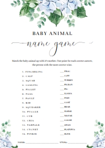 FER-BLU-10-B2697 - FERRAS BLOSSOM - BLUE - BABY SHOWER ANIMAL NAME GAME - 5" x 7": FER-BLU-10-B2691 - FERRAS BLOSSOM - BLUE - BABY SHOWER GAME BUNDLE