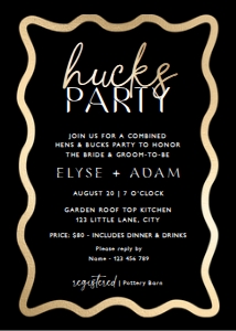 WAV-BKG-1-B2700 - WAVE - BLACK GOLD - HUCKS PARTY INVITATION - 5" x 7: WAV-BKG-1-B2700 - WAVE - BLACK GOLD - HUCKS PARTY INVITATION