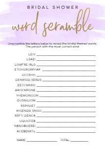 WAT-PUR-10-B583 - WATERCOLOUR PURPLE - GOLD FOIL - BRIDAL WORD SCRAMBLE GAME - 5" x 7": WAT-PUR-10-B593 - WATERCOLOUR PURPLE - GOLD FOIL - BRIDAL SHOWER GAMES BUNDLE