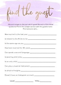 WAT-PUR-10-B589 - WATERCOLOUR PURPLE - GOLD FOIL - FIND THE GUEST GAME - 5" x 7": WAT-PUR-10-B593 - WATERCOLOUR PURPLE - GOLD FOIL - BRIDAL SHOWER GAMES BUNDLE
