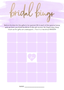 WAT-PUR-10-B592 - WATERCOLOUR PURPLE - GOLD FOIL - BRIDAL BINGO 25 SQUARE GAME - 5" x 7": WAT-PUR-10-B593 - WATERCOLOUR PURPLE - GOLD FOIL - BRIDAL SHOWER GAMES BUNDLE