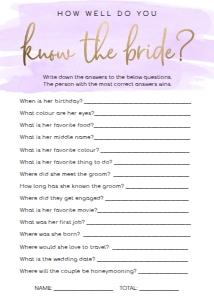 WAT-PUR-10-B585 - WATERCOLOUR PURPLE - GOLD FOIL - KNOW THE BRIDE GAME - 5" x 7": WAT-PUR-10-B593 - WATERCOLOUR PURPLE - GOLD FOIL - BRIDAL SHOWER GAMES BUNDLE