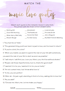 WAT-PUR-10-B586 - WATERCOLOUR PURPLE - GOLD FOIL - MOVIE LOVE QUOTES GAME - 5" x 7": WAT-PUR-10-B593 - WATERCOLOUR PURPLE - GOLD FOIL - BRIDAL SHOWER GAMES BUNDLE