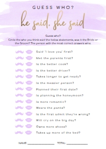 WAT-PUR-10-B590 - WATERCOLOUR PURPLE - GOLD FOIL - GUESS WHO GAME - 5" x 7": WAT-PUR-10-B593 - WATERCOLOUR PURPLE - GOLD FOIL - BRIDAL SHOWER GAMES BUNDLE