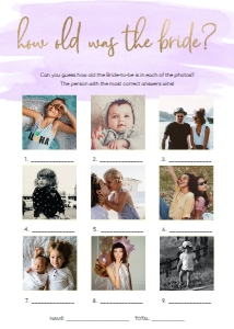 WAT-PUR-10-B1647 - WATERCOLOUR PURPLE - GOLD - HOW OLD WAS THE BRIDE PHOTO GAME - 5" x 7": WAT-PUR-10-B593 - WATERCOLOUR PURPLE - GOLD FOIL - BRIDAL SHOWER GAMES BUNDLE