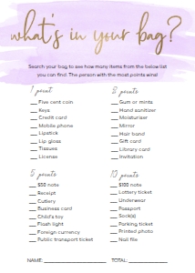 WAT-PUR-10-B584 - WATERCOLOUR PURPLE - GOLD FOIL - WHAT'S IN YOUR BAG GAME - 5" x 7": WAT-PUR-10-B593 - WATERCOLOUR PURPLE - GOLD FOIL - BRIDAL SHOWER GAMES BUNDLE