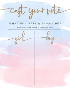 WAT-PNB-7-B1940 - WATERCOLOUR PINK BLUE - GOLD - GENDER REVEAL VOTING BOARD - 8" x 10": WAT-PNB-7-B1940 - WATERCOLOUR PINK BLUE - GOLD - GENDER REVEAL VOTING BOARD