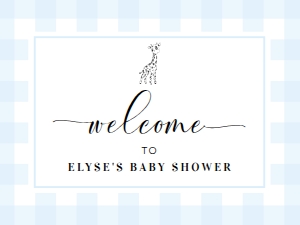 GIN-BLU-3-B2741 - GINGHAM - BLUE GIRAFFE - WELCOME SIGN - LANDSCAPE - 18" x 24": GIN-BLU-3-B2741 - GINGHAM - BLUE GIRAFFE - WELCOME SIGN