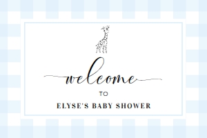 GIN-BLU-3-B2741 - GINGHAM - BLUE GIRAFFE - WELCOME SIGN - LANDSCAPE - 24" x 36": GIN-BLU-3-B2741 - GINGHAM - BLUE GIRAFFE - WELCOME SIGN