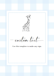 GIN-BLU-7-B2743 - GINGHAM - BLUE GIRAFFE - CUSTOM TEXT SIGN - PORTRAIT - 5" x 7": GIN-BLU-7-B2743 - GINGHAM - BLUE GIRAFFE - CUSTOM TEXT SIGN