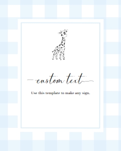 GIN-BLU-7-B2743 - GINGHAM - BLUE GIRAFFE - CUSTOM TEXT SIGN - PORTRAIT - 8" x 10": GIN-BLU-7-B2743 - GINGHAM - BLUE GIRAFFE - CUSTOM TEXT SIGN