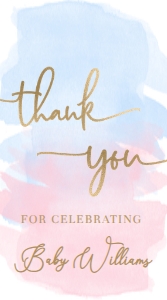 WAT-PNB-6-B329 - WATERCOLOUR PINK BLUE - GOLD FOIL - THANK YOU FAVOUR TAGS - 5cm x 9cm: WAT-PNB-6-B329 - WATERCOLOUR PINK BLUE - GOLD FOIL - THANK YOU FAVOUR TAGS