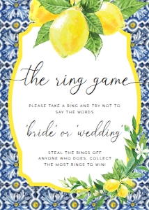 POS-BLY-10-B2817 - POSITANO BLUE TILE - LEMONS - THE RING GAME SIGN - 5" x 7": POS-BLY-10-B2817 - POSITANO BLUE TILE - LEMONS - THE RING GAME SIGN