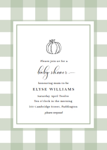GIN-SGR-1-B2193 - GINGHAM - SAGE GREEN PUMPKIN - BABY SHOWER INVITATION - A6: GIN-SGR-1-B2831 - GINGHAM - SAGE GREEN PUMPKIN - BABY SHOWER INVITATION SUITE