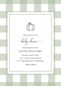 GIN-SGR-1-B2193 - GINGHAM - SAGE GREEN PUMPKIN - BABY SHOWER INVITATION - 5" x 7": GIN-SGR-1-B2831 - GINGHAM - SAGE GREEN PUMPKIN - BABY SHOWER INVITATION SUITE