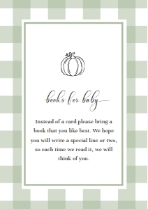 GIN-SGR-2-B2194 - GINGHAM - SAGE GREEN PUMPKIN - BOOKS FOR BABY CARD - A7: GIN-SGR-1-B2831 - GINGHAM - SAGE GREEN PUMPKIN - BABY SHOWER INVITATION SUITE
