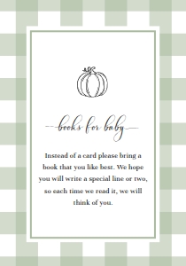 GIN-SGR-2-B2194 - GINGHAM - SAGE GREEN PUMPKIN - BOOKS FOR BABY CARD - 3.5" x 5": GIN-SGR-1-B2831 - GINGHAM - SAGE GREEN PUMPKIN - BABY SHOWER INVITATION SUITE