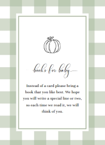 GIN-SGR-2-B2194 - GINGHAM - SAGE GREEN PUMPKIN - BOOKS FOR BABY CARD - 4" x 5.5": GIN-SGR-1-B2831 - GINGHAM - SAGE GREEN PUMPKIN - BABY SHOWER INVITATION SUITE