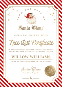 STR-RED-24-B2839 - STRIPE - RED - SANTA NICE LIST CERTIFICATE - 5" x 7": STR-RED-24-B2839 - STRIPE - RED - SANTA NICE LIST CERTIFICATE