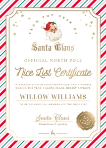 STR-PMT-24-B2839 - STRIPE - PINK MULTI - SANTA NICE LIST CERTIFICATE - 5" x 7": STR-PMT-24-B2839 - STRIPE - PINK MULTI - SANTA NICE LIST CERTIFICATE