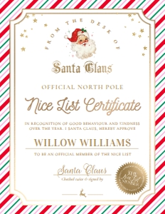 STR-PMT-24-B2839 - STRIPE - PINK MULTI - SANTA NICE LIST CERTIFICATE - 8.5" x 11": STR-PMT-24-B2839 - STRIPE - PINK MULTI - SANTA NICE LIST CERTIFICATE