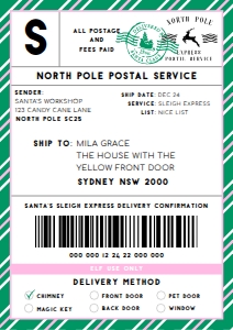 SAW-GPK-6-B2329 - SANTAS WORKSHOP - GREEN PINK - SHIPPING LABEL - A4: SAW-GPK-6-B2329 - SANTAS WORKSHOP - GREEN PINK - SHIPPING LABEL
