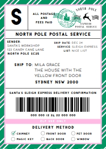 SAW-GPK-6-B2329 - SANTAS WORKSHOP - GREEN PINK - SHIPPING LABEL - 5" x 7": SAW-GPK-6-B2329 - SANTAS WORKSHOP - GREEN PINK - SHIPPING LABEL