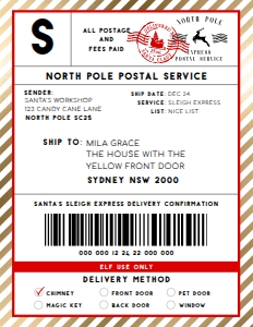 SAW-RGD-6-B2329 - SANTAS WORKSHOP - RED GOLD - SHIPPING LABEL - 8.5" x 11": SAW-RGD-6-B2329 - SANTAS WORKSHOP - RED GOLD - SHIPPING LABEL
