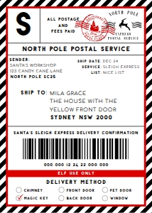 SAW-BKR-6-B2329 - SANTAS WORKSHOP - BLACK RED - SHIPPING LABEL - 5" x 7": SAW-BKR-6-B2329 - SANTAS WORKSHOP - BLACK RED - SHIPPING LABEL