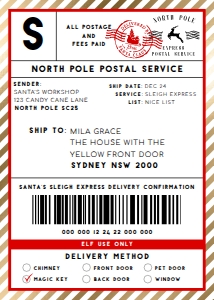 SAW-RGD-6-B2329 - SANTAS WORKSHOP - RED GOLD - SHIPPING LABEL - 5" x 7": SAW-RGD-6-B2329 - SANTAS WORKSHOP - RED GOLD - SHIPPING LABEL